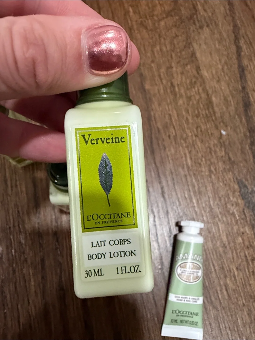 L’Occitane Travel size body lotion, shower gem, and hand cream